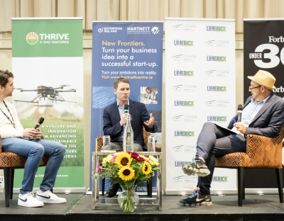 Chris Kelly, Stephen Kinsella and Randall Lane pictured speaking on stage during the Forbes Under 30 Forum in Limerick