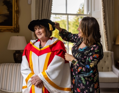 A picture of honorary doctorate recipient Rose Cleary with her daughter in Plassey House