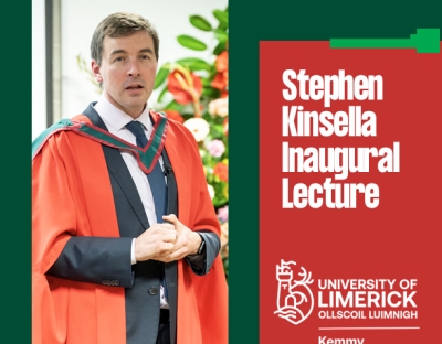 Info graphic showing Stephen Kinsella and the text Inaugural Lecture