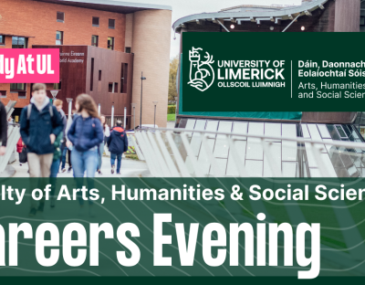 Students walking on living bridge with UL logo and the following text below  "Faculty of Arts, Humanities and Social Sciences, Careers Evening