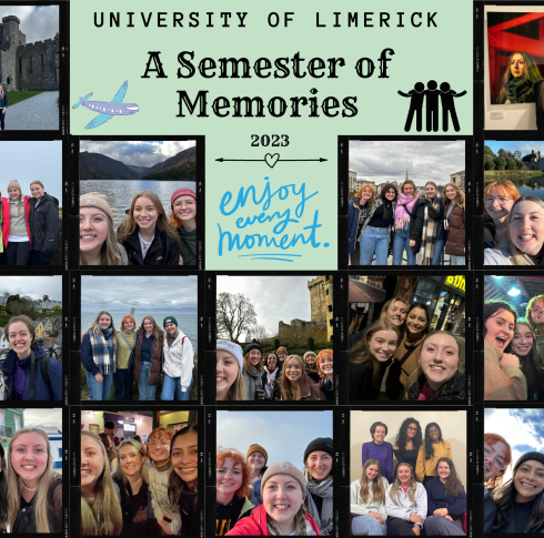 collage of student ambassador Faith Freake's experience in Ireland, titled 'A Semester of Memories'