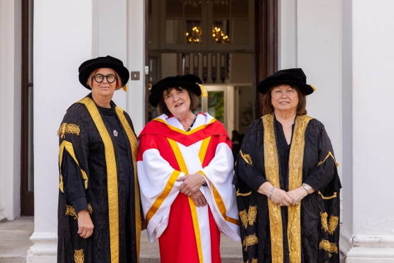 Rose Cleary with UL President Professor Kerstin Mey and Chancellor Mary Harney