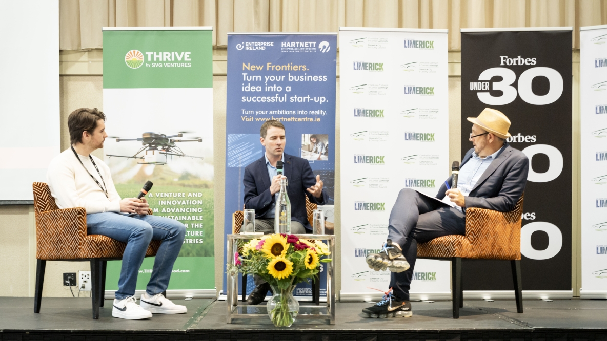 Chris Kelly, Stephen Kinsella and Randall Lane pictured speaking on stage during the Forbes Under 30 Forum in Limerick