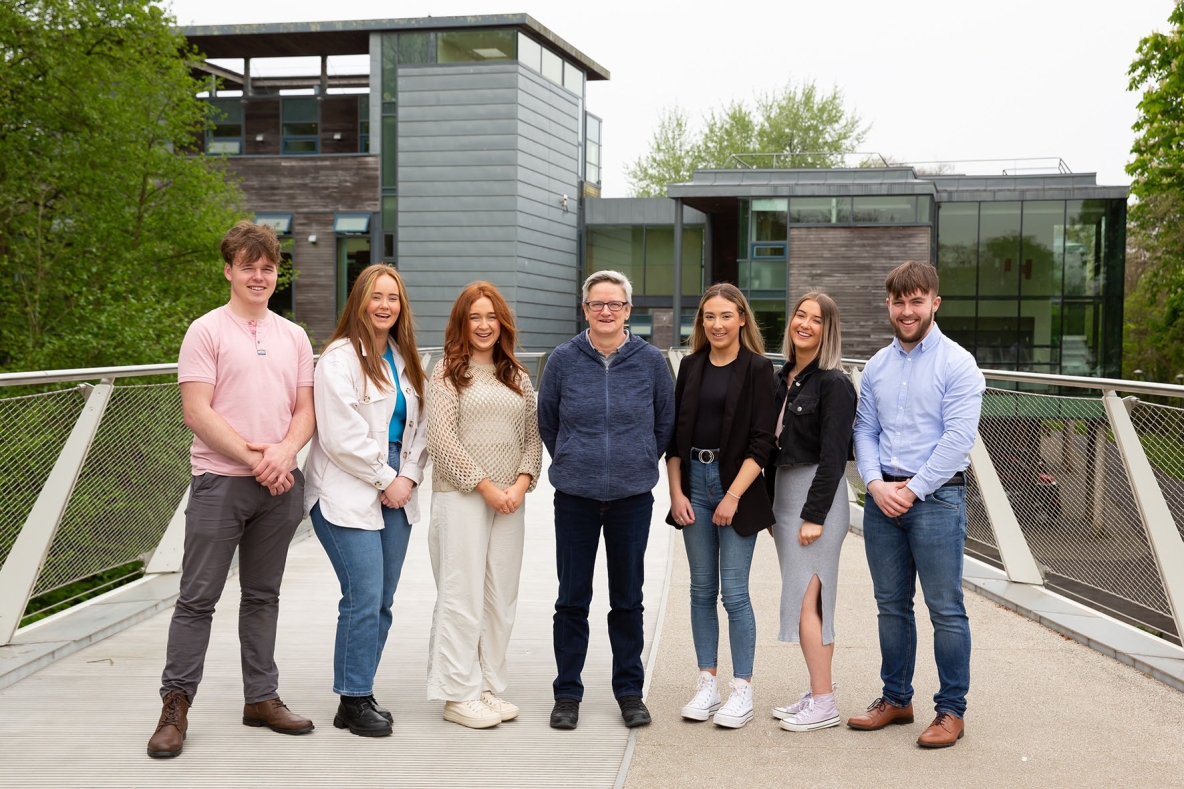 The UL students with RTÉ RnaG broadcaster Áine Hensey pictured on the Living Bridge