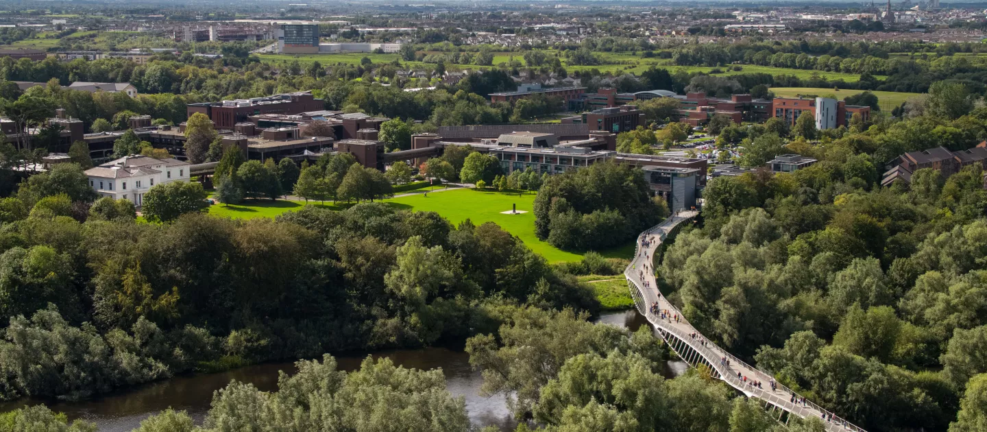 UL campus aerial view of living bridge and plassey house