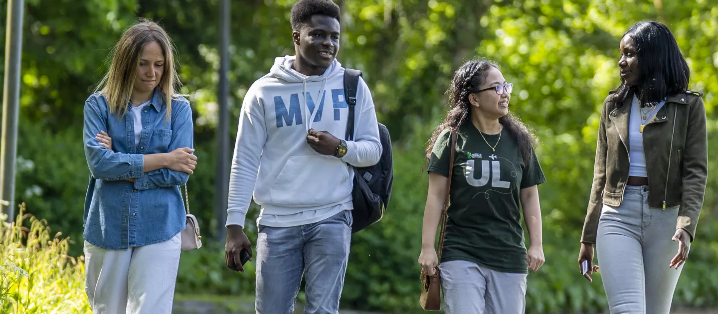 four students walking through wooded area