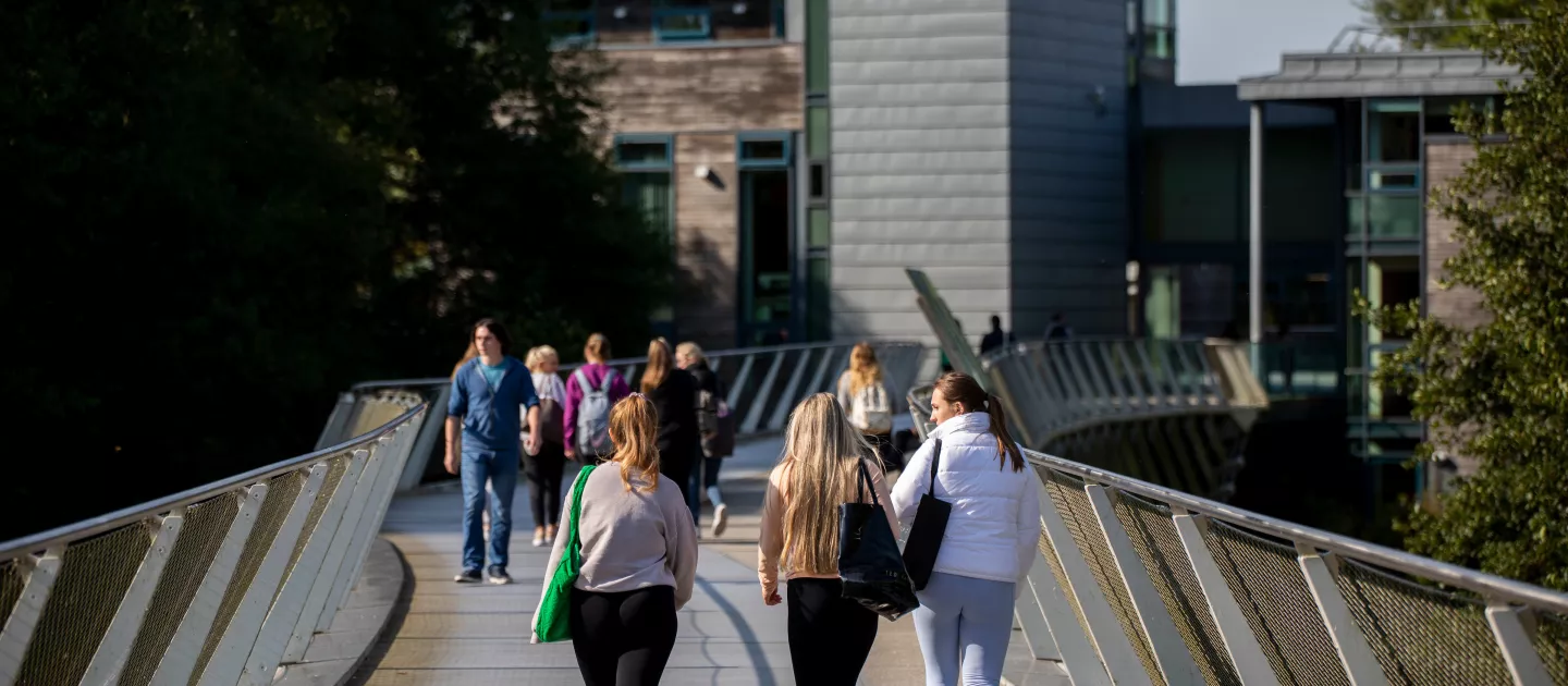 Clusters of students crossing the UL Living Bridge