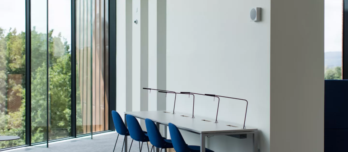 study area in the library with large glass window