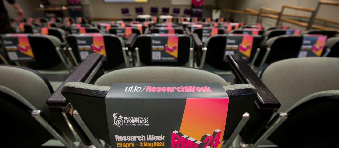 A room with Research Week banners on the chairs