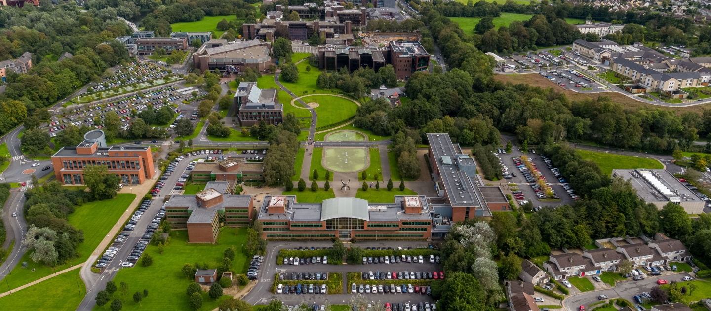 Aerial image of the University of Limerick Campus from behind the Kemmy Business School