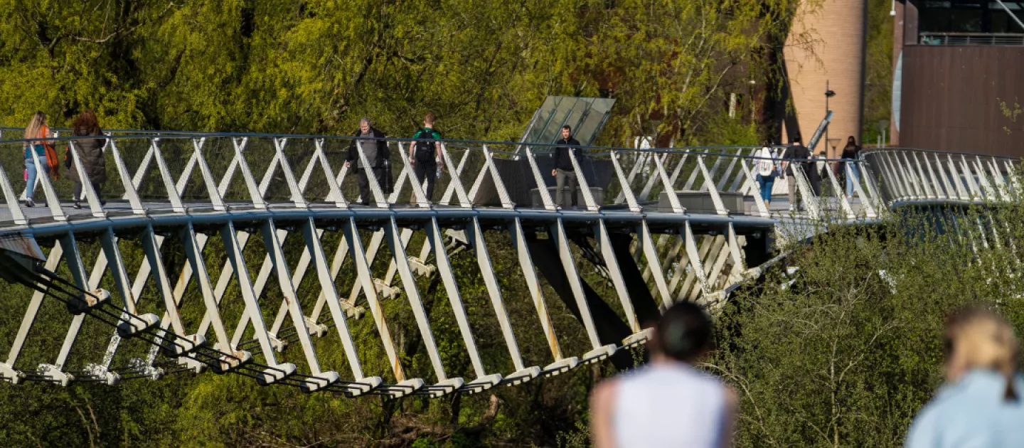 2 students sitting on the green in front of the living bridge