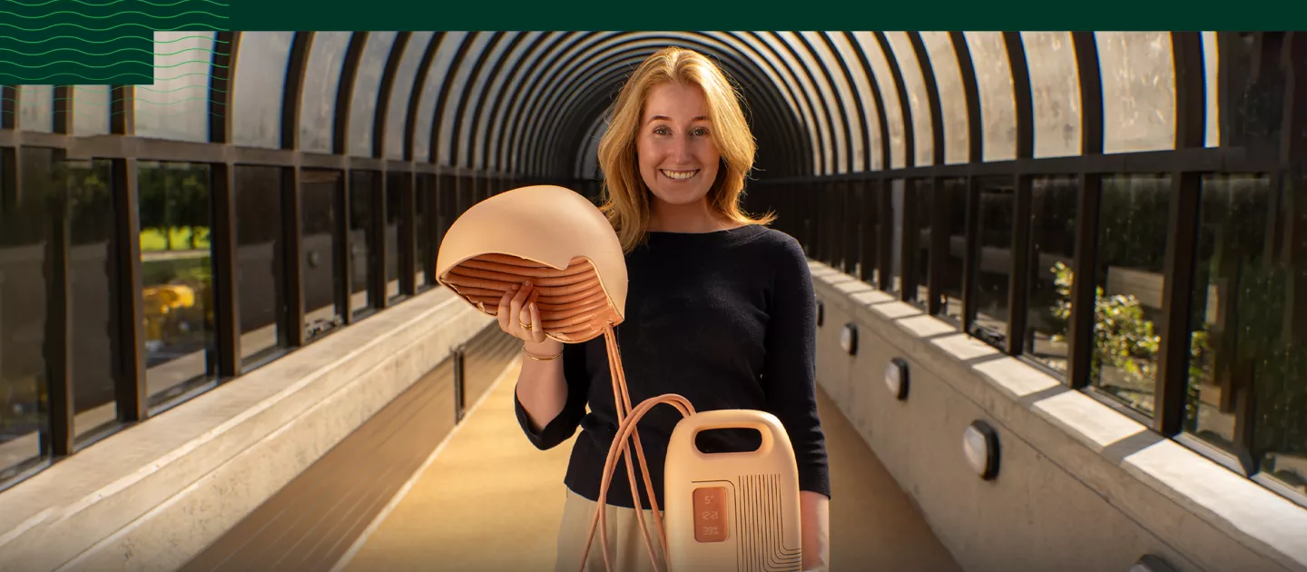 UL graduate Olivia Humphreys with her hair-loss prevention device design