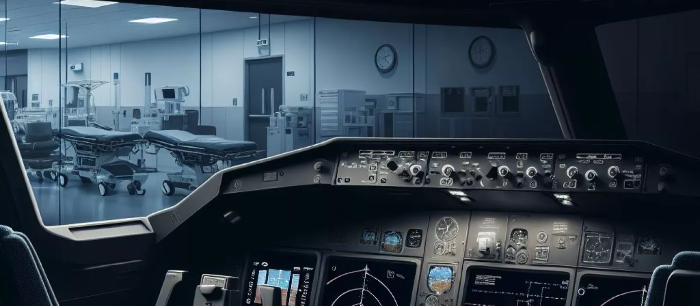 airplane pilot desk with image of hospital outside the window of the plane