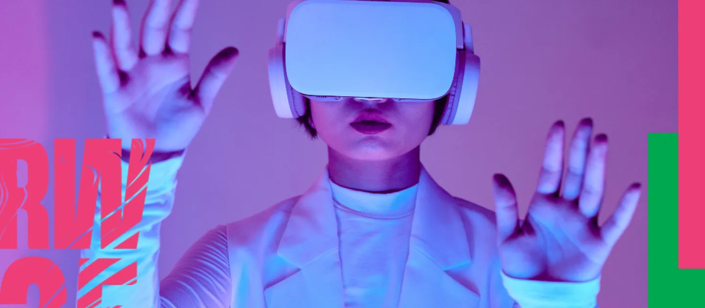 Research Week Poster showing a woman wearing a virtual reality mask with her palms feeling the air 