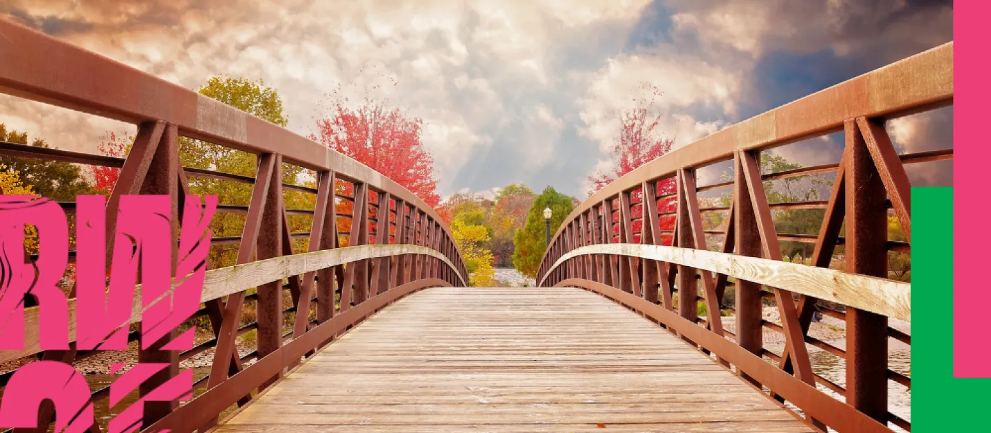 Research Week poster showing a wooden bridge over a stream 