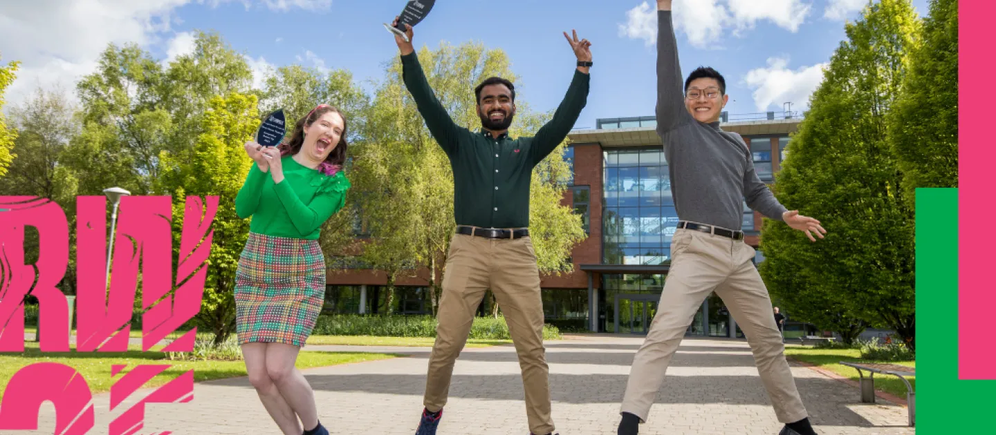 Research Week Poster showing three people jumping in the air celebrating their awards