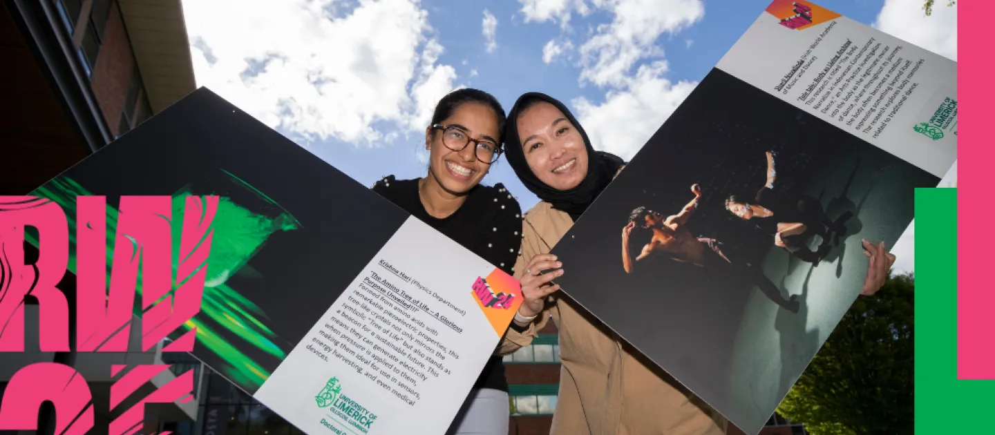 Research Week poster showing two entrants holding up their pictures