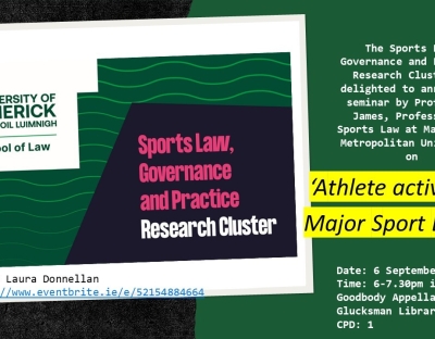 Image has the title Athlete activism at major sports events. Taking place 6th September at 6pm in the Appellate Court UL 
