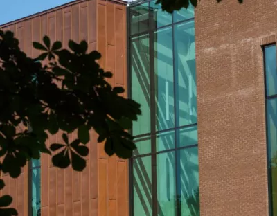 the glucksman library windows on a sunny day