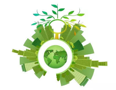 icon image of green earth surrounded by green high rise buildings depicting sustainability