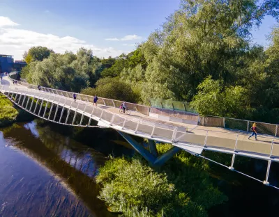 People walking across the living bridge