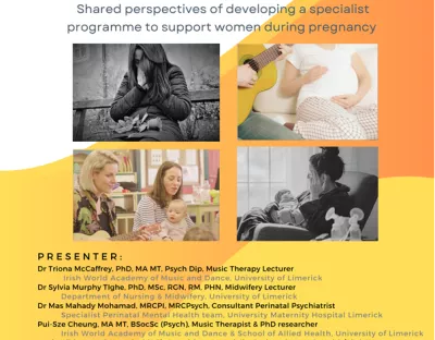 Music Therapy for Perinatal Wellbeing flyer with QR code to access eventbrite