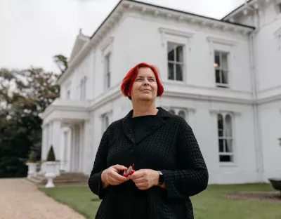 A picture of UL President Professor Kerstin Mey outside Plassey House