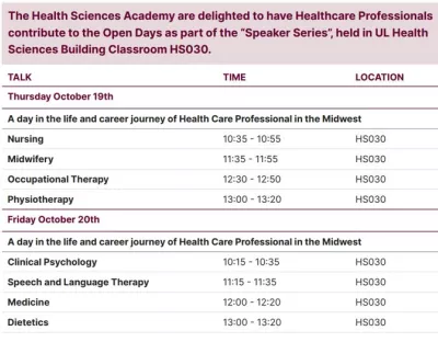 Schedule for Health Care Professionals Speaker Series at UL Open Days 19 20 Oct 2023