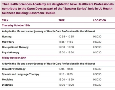 Schedule for Health Care Professionals Speaker Series at UL Open Days 19 20 Oct 2023