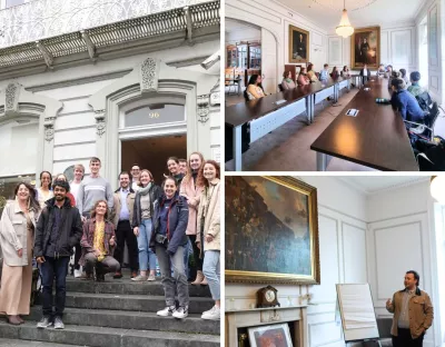 A collage of photos from the visit to Limerick Chamber. In one photo, the students and staff of Chamber are gathered on the entrance steps to the building. In the second photo, the students and staff are sat around a boardroom table engaged in discussion. In the final photo, a staff member is standing beside a wall-hung painting and explaining its history.