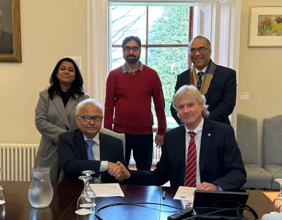 Photo shows (standing left to right): Dr. Fahmida Gulshan, Professor, Department of Materials and Metallurgical Engineering BUET; Dr. Ehtsham Ul Haq, Assistant Professor, Department of Physics, UL; Professor Tofail Syed, Head of the Department of Physics, UL.  Sitting left to right Honourable Vice Chancellor, Professor Satya Prasad Majumder, BUET and Professor Nigel Healey, Vice President, Global and Community Engagement, UL.