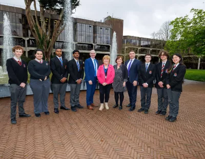 Photo of group of secondary school students visiting UL with their teachers and UL representative