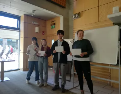 Students receiving prizes for their video