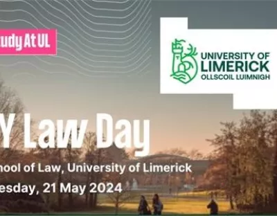 Campus at sunset, UL Logo and text "TY Law Day, School of Law, University of Limerick. Tuesday 21 May 2024"