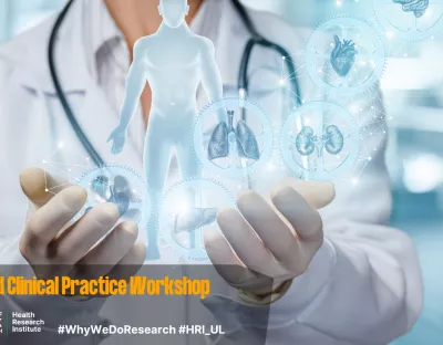 Good Clinical Practice Advert. Decorative image of a health care professional with a white coat and stethoscope and white gloves. The HRI logo is on the bottom left and there is a header stating 'Good Clinical Practice' Workshop