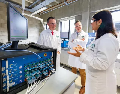 Minister of Further and Higher Education, Research, Innovation and Science Patrick O’Donovan TD and Professor Kevin M Ryan, Director of Bernal Institute and lead investigator of AMPEiRE with Associate Professor Shalini Singh