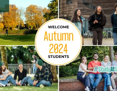 4 photos of students on campus with Autumn 2024 logo