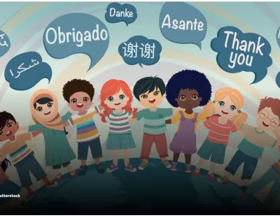 Cartoon of people saying "thank you" in different languages.