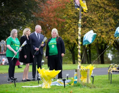 Margaret O'Brien, Limerick Traveller Network, Dr Sindy Joyce ECSH, Michael O'Flaherty Commissioner for Human Rights at the Council of Europe and Olive O'Brien at the Tree of Hope in Mount St Oliver's Graveyard commemorating Traveller Mental Health Day.