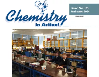 cover of chemistry in action magazine, kids in science lab