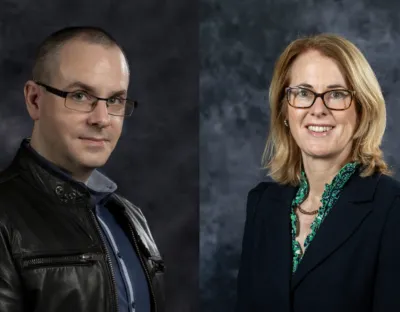 A photo of side-by-side headshots, of a smartly dressed man and woman