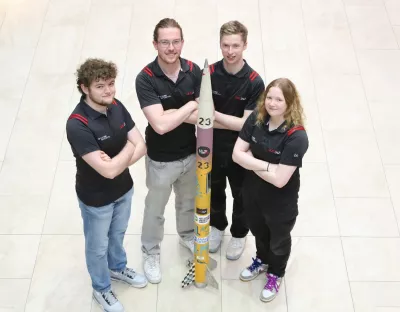 A picture of UL students Jamie Clancy, Jay Looney, Karl Gilmartin and Dervla Gargan with the rocket Airmedh, named after the Irish goddess of healing