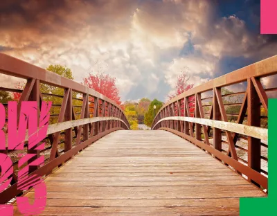 Research Week poster showing a wooden bridge over a stream 