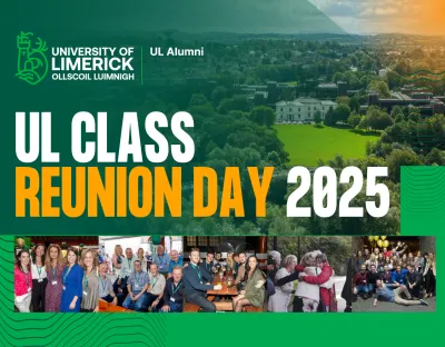 Poster for class reunion day featuring image of campus and previous reunion attendees