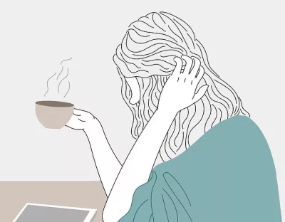 Illustration of a woman scratching her head while holding a cup of coffee and staring down at a tablet computer on a desk.