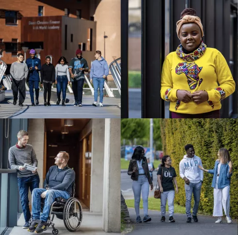  collage of four photos. In the top left, there are a group of people walking over UL's Living Bridge, with the Irish World Academy in the background. In the top right, a person wearing a yellow jumper smiles at the camera. In the bottom left, two people have a conversation with each other. In the bottom right, a group of people are walking and having conversation near the UL flagpoles.