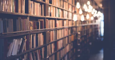 A dimly-lit bookshelf filled with various books