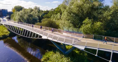 People walking across the living bridge