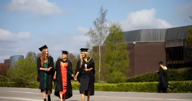 Three girls walking in front of University of Limerick Foundation Building