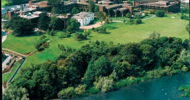 Aerial photo of UL campus with river